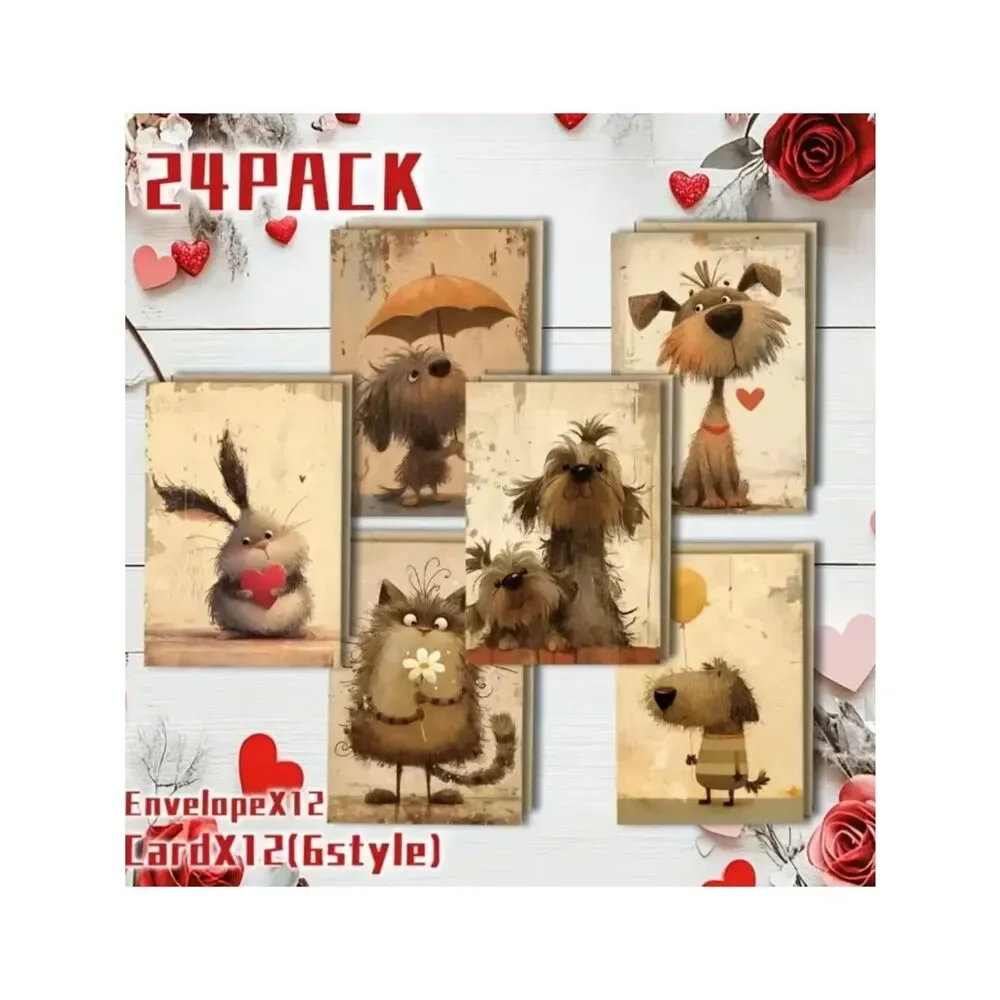 NWT 24pc Vintage Whimsical Cartoon Animal Greeting Card Assortment Set